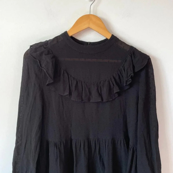 Zara Swiss Dot Ruffled Frill High Neck Long Sleeve Dress Black Sz Small - Picture 5 of 10